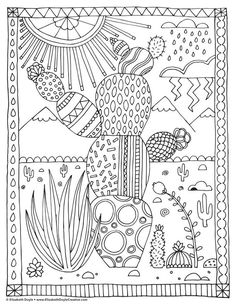 a coloring page with cactuses and plants in the desert, on a white background