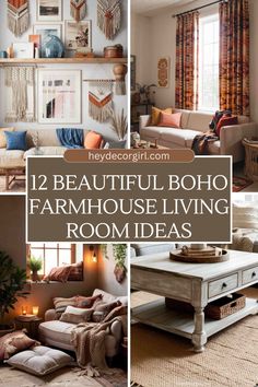 beautiful boho farmhouse living room ideas with lots of pictures on the wall and furniture