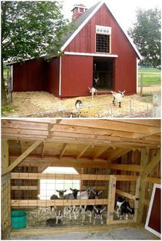 two pictures side by side, one showing the inside and outside of a barn