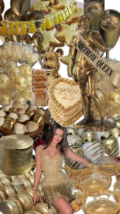 a collage of gold and white items including cake, cupcakes, and balloons