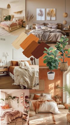 a collage of photos showing different types of bedspreads and pillows in various rooms