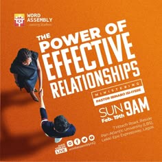 a poster for the power of effective relationships with two people reaching up to each other