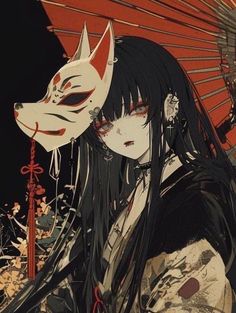 a woman with long black hair holding an umbrella