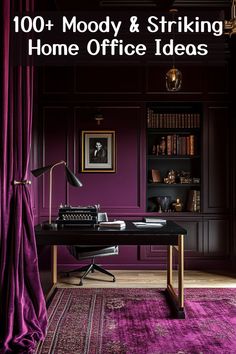 This dark modern office features deep plum walls, rich textures, and moody lighting, creating a dark home office retreat with vintage charm, ideal for those who love moody office ideas. The bold color palette and luxe furnishings add warmth and sophistication to a small moody office, making the space feel both intimate and dramatic. Perfect for anyone seeking a dark moody small home office, this home office dark design balances elegance and productivity.