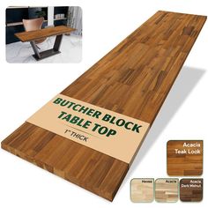 the butcher block table top is made out of wood and has two matching labels on it