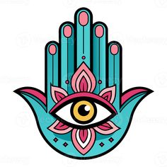 a hamsa with an eye in the middle and pink, blue and green designs on it
