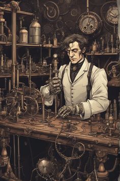 a man working in a lab with lots of equipment on the shelves and around him