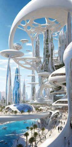 the futuristic city is surrounded by tall buildings