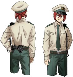 an anime character with red hair and green pants, wearing a white shirt and tie