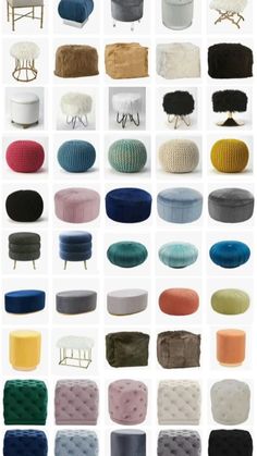 many different types of chairs and footstools are shown in this collage with the same