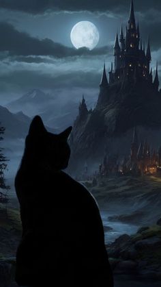 a cat sitting in front of a castle at night