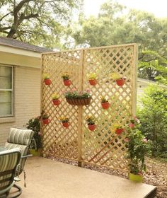 an outdoor patio area with chairs, table and potted plants on the side wall