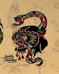 an artistic drawing of a tiger and snake