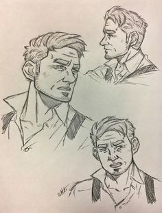 three drawings of men with different facial expressions, one is looking at the other side