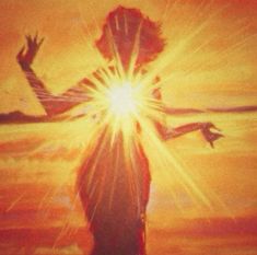 a painting of a woman with her arms outstretched in the air and sun shining behind her