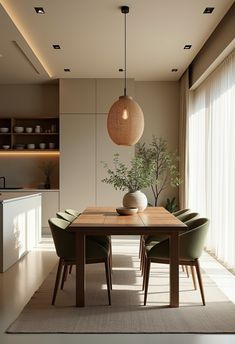 a dining room table with green chairs and a vase on top of it, in front of a large window