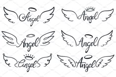 four angel wings with the words angel, angel and angels above them in black ink