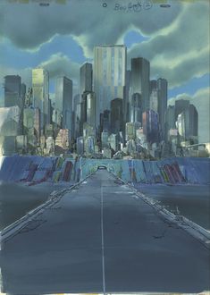 a painting of a city with tall buildings