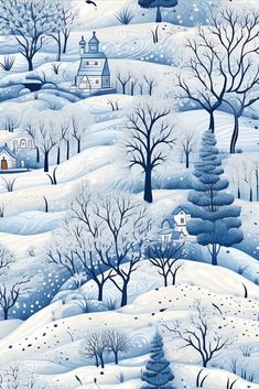 a snowy landscape with houses and trees