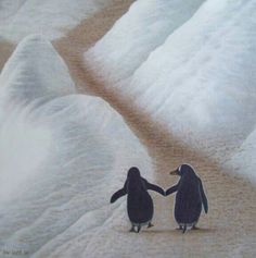 two penguins are standing in the snow holding hands