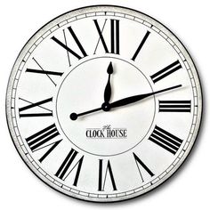 a white clock with roman numerals on it's face and the words clock house written in black