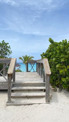 steps leading to the beach with palm trees and blue water in the backgroud