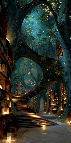 an image of a night time scene with bookshelves and stairs in the woods