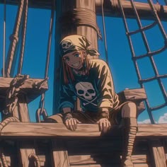 a man sitting on top of a wooden boat next to a pirate ship with a skull and crossbones