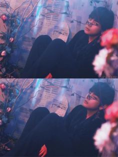 two pictures of a woman sitting on the ground with flowers in front of her and behind her