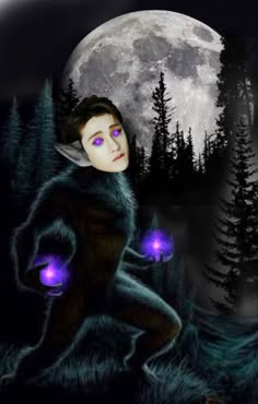 a woman with purple eyes sitting in front of a full moon and tree filled forest