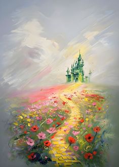 an oil painting of a castle in the middle of a field with flowers on it
