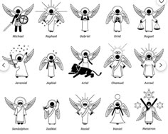 an image of angels with different names and symbols in black on white background stock photo