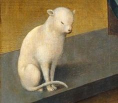 a painting of a white cat sitting on a ledge