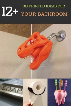 toothbrushes and other bathroom items are featured in this collage with the words, 12 + printable ideas for your bathroom