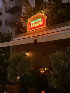 a neon sign that is on the side of a building with potted plants in front of it