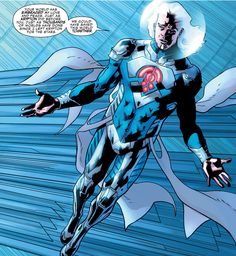 a comic character flying through the air with his arms out and one hand on his hip