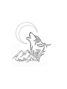 a drawing of a wolf looking up at the sky with mountains in the background and moon above it