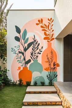 a painting on the side of a building with plants and vases painted on it