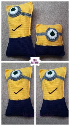 crocheted minion pillows with eyes are shown in three different pictures, one is blue and the other is yellow