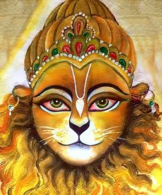 a painting of a lion with a crown on it's head and green eyes