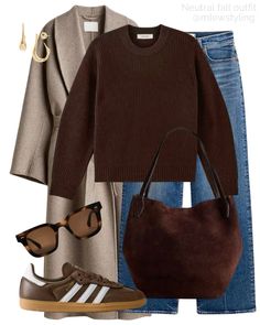 Neutral fall outfit with a belted wool coat, everlane brown crewneck sweater, and brown adidas sambas 🤎  Tags: neutral aesthetic, fall fashion, madewell wide jeans, brown suede bag, Jenny bird gold earrings, chimi tortoise sunglasses, weekend outfit Outfit Ideas With Brown Shoes, Adidas Samba Braun Outfit, Brown Adidas Outfits, Outfits With Brown Sambas, Retro Sneakers Outfit Women, Dark Brown Shoes Outfit, Brown Tennis Shoes Outfit, How To Style Brown Sambas, Adidas Brown Samba Outfit