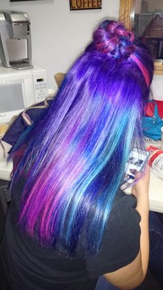 Galaxy Hair Pink Galaxy Hair, Cosmic Hair, Galaxy Purple Hair, Galaxy Dyed Hair, Galaxy Hair Ideas, Blue Galaxy Hair, Galaxy Rainbow Hair, Galaxy Hair Underneath, Nebula Hair