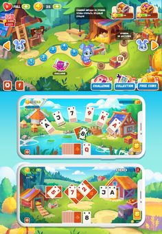 two screens showing the different levels of playing cards in an open - ended game, with numbers