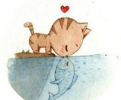 a drawing of a cat on top of a fish with a heart in the background