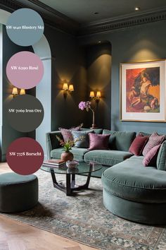 the living room is decorated in shades of blue and pink, with circular couches