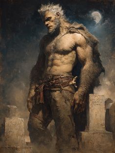 a painting of a giant man standing in front of some tombstones with his hands on his hips