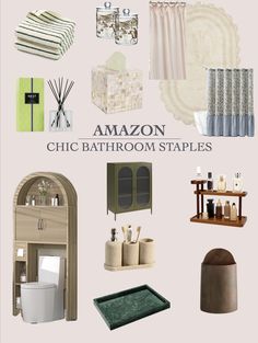 an assortment of bathroom accessories including toiletries and bathtubs with the words amazon chic bathroom staples