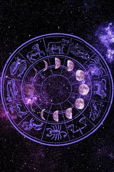 an astrological circle with zodiac signs in the middle and stars around it, on a dark background