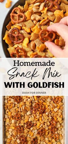 homemade snack mix with goldfish and pretzels in a skillet for dinner