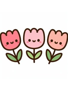 three flowers with faces drawn on them, one is pink and the other is green